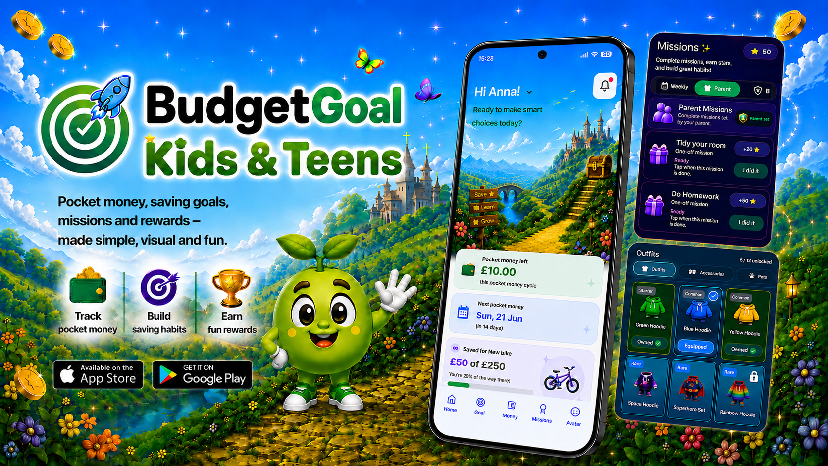 BudgetGoal Kids & Teens banner with App Store and Google Play icons.